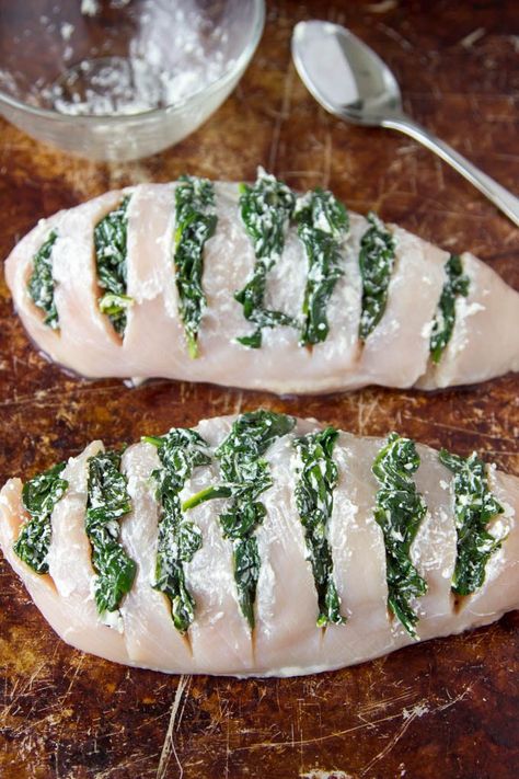 spinach-goat-cheese-hasselbeck-chicken Spinach And Goat Cheese, Spinach Goat Cheese, Hasselback Chicken, Creamy Goat Cheese, Health Dinner, Trending Recipes, Think Food, Healthy Kitchen, Easy Weeknight