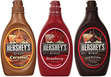 Hershey Syrup, Syrup Bottle, Strawberry Syrup, Caramel Syrup, Grocery Foods, Strawberry Sauce, Grocery Items, Flavored Milk, Cream Desserts