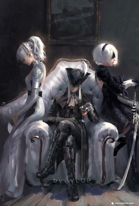 Luna Freya, Lady Maria and 2B by Wlop Lady Maria, Bloodborne Art, Dark Souls Art, 다크 판타지, Final Fantasy Xv, Bloodborne, Nier Automata, People Sitting, Soul Art