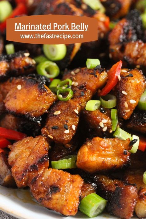 Marinated Pork Belly Korean Bbq, Marinated Pork Belly Recipes, Korean Pork Belly Marinade, Pork Belly Marinade Recipe, Pork Belly Strips Recipes, Pork Belly Marinade, Marinated Pork Belly, Asian Pork Belly, Korean Pork Belly