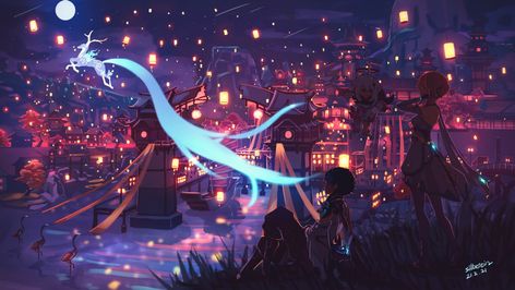 Xiao Lantern, Genshin Impact Liyue, Light Fanart, Lantern Rite, Environment Painting, Color Script, Background Drawing, Purple Wallpaper Iphone, Aesthetic Desktop Wallpaper