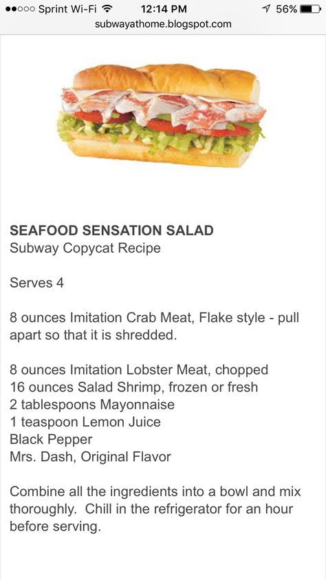 Seafood Sensation Subway, Subway Seafood And Crab Recipe, Subway Crab Salad Recipe, Subway Seafood Sensation Recipe, Subway Recipes, Seafood Sandwich, Seafood Sandwiches, Crab Salad Recipe, Sea Food Salad Recipes