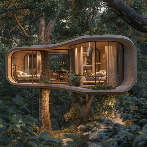 Tree Cabin Treehouse, Tree House Ideas For Adults, Tree House Designs Modern, Tree Houses For Adults, Treehouse Interior Design, Kids Tree House Ideas, Tree House Designs For Kids, Creative Retreat Ideas, Tree House Architecture