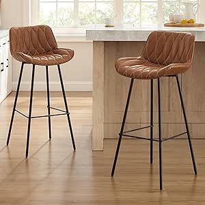 Art Leon Bar Stools Set of 2, Counter Height Faux Leather Bar Chairs with Black Metal Legs and Footrest for Kitchen Island and Dining Room, Brown Brown Leather Bar Stools Kitchen Islands, Leather Bar Chairs, Dining Room Brown, Brown Leather Bar Stools, Bar Stools Kitchen Island, Room Brown, Home Bar Furniture, Leather Bar Stools, Leather Bar