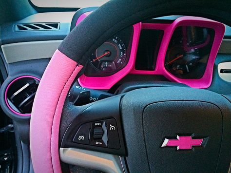 Inside of my black and pink 2014 Camaro; still a work in progress. Pink Chevy Malibu, Chevy Malibu Accessories, Pink Chevy Trucks, Pink Camaro, Camaro Accessories, Pink Chevy, 2014 Camaro, Black Camaro, Black Truck