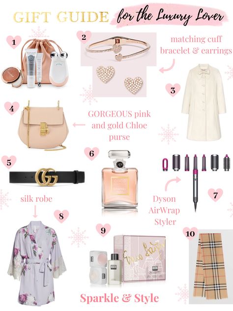 For this gift guide, I’m sharing gift ideas for the luxury lovers in your life! #giftsforfriends #chanel #giftsforher #giftsforherchristmas #christmasgifts #holidaygiftguide #holidaygiftideas #christmasgiftguide #giftsformom #giftsforgirlfriend #giftsforwife #giftsforsister #gucci #skincare #katespadenewyork #bracelet #earrings  #coatsforwomen #purses #guccibelt #cocochanel #dysonairwrap #silkrobe #skincareproducts #burberry #silkscarf #luxelife #luxeathome #luxurygifts Kk Gift Ideas, Luxury Pink Jewelry As A Gift For Her, Gifts For Boujee Friend, Chanel Gifts Aesthetic, Boujee Gifts For Her, Chanel Gift Set For Women, Luxury Gucci Chain Bracelet, Perfect Gift, Girls Gift Guide, Luxury Christmas Gifts