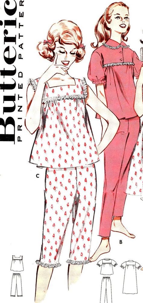 Mary and Evelyn Block 4 Retro Pajamas, 1950s Pajamas, Nightgown Sewing Pattern, Babydoll Pajamas, 1950s Lingerie, 1950s Woman, Butterick Patterns Vintage, Babydoll Nightgown, Vintage Pajamas