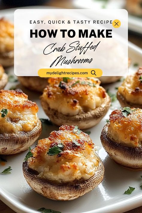 If you love crab, you’ll fall for these decadent crab and cheese stuffed mushrooms! Loaded with crab, cream cheese, and a hint of lemon, they’re baked until golden and bubbling. Serve them at your next dinner party or holiday feast for a bite-sized treat that’s sure to steal the show! Crab Feast Party, Seafood Stuffed Mushrooms, Crab Feast, Crab Stuffed Mushrooms, Quick Delicious Meals, Cheese Stuffed Mushrooms, Mushroom Caps, Crab Stuffed, Elegant Appetizers