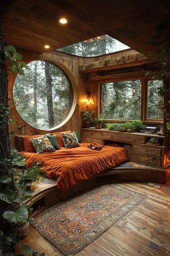 ↑↑↑ Larger size on website 🔸 A cozy, rustic bedroom with a large circular window overlooking a lush forest. The bed is made with Solar Punk Bedroom, Cozy Rustic Bedroom, Cozy Treehouse, Ornate Rug, Punk Bedroom, Circular Window, Lush Forest, Warm Decor, Large Window