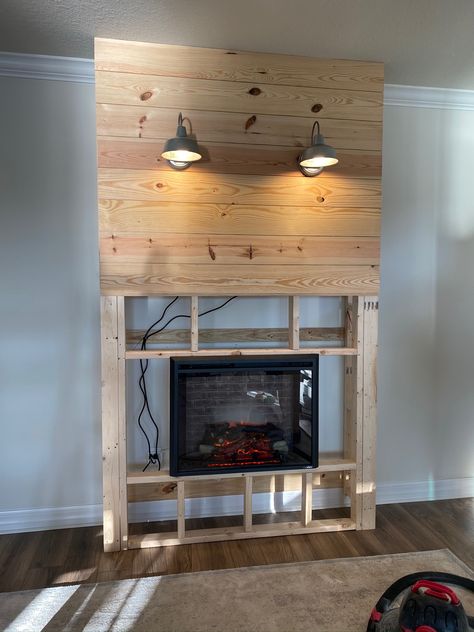 Faux Shiplap Fireplace DIY – TAMMY KATE BLOG How To Build A Shiplap Fireplace, Faux Chimney Wall, Faux Fireplace Vaulted Ceiling, Easy Diy Shiplap Fireplace, Faux Fireplace Mantels Shiplap, Faux Fireplace Diy Easy, Diy Electric Fireplace Wall Shiplap, Diy Faux Fireplace, Diy Electric Fireplace Surround Shiplap