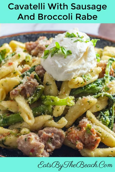 CAVATELLI WITH SAUSAGE AND BROCCOLI RABE - Eats by the Beach Cavatelli Sausage And Broccoli Rabe, Broccoli Rabe Recipes Sausage, Pasta With Sausage And Broccoli Rabe, Sausage And Broccoli Rabe Pasta, Cavatelli And Broccoli Sausage, Broccoli Rabe And Sausage Pasta, Cavatelli Recipe Dinners, Sausage Cavatelli, Sausage Broccoli Rabe Pasta