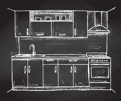 Hand drawn modern kitchen furniture vect... | Premium Vector #Freepik #vector #kitchen-sketch #sketch-design #interior-sketch #line-drawing Kitchen Ideas Sketch, Modern Kitchen Drawing, Kitchen Drawing Sketch, Oven Sketch, Kitchen Sketch Drawing Interior Design, Kitchen Cabinet Sketch Drawing, Kitchen Sketch, Furniture Vector Illustration, Vector Kitchen