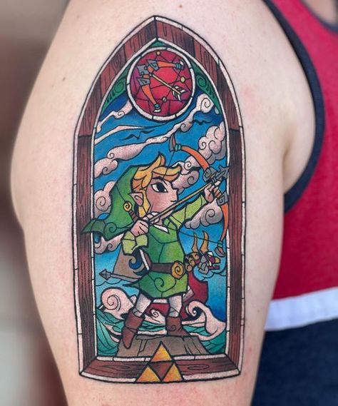 Wind Waker Tattoo, Glass Tattoo Ideas, Video Game Tattoos, Stained Glass Tattoo, Glass Tattoo, Lucy Rose, Zelda Tattoo, Video Game Tattoo, Gaming Tattoo