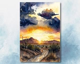 ColorMyLifeArtPrints - Etsy Western Watercolor, Cactus Sunset, Southwest Wall Art, Southwest Landscape, Desert Scenery, Nature Home Decor, Painting Stuff, Nature Home, Sunset Print