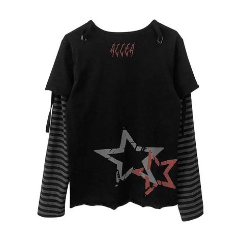 Make a statement in this stylish harajuku striped long sleeve faux two piece t-shirt. with a bold yet modern look, this shirt is perfect for everyday wear. Emo Grunge Aesthetic, Aesthetic Tops, Grunge Kawaii, Jacket Dress Set, Punk Tee, Skull Top, Winter Y2k, Kawaii Goth, Aesthetic T Shirts