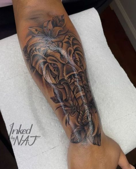 Elephant Tattoos Arm Half Sleeves, Inked By Naj, Unique Quarter Sleeve Tattoos For Women, Elephant Sleeve Tattoos For Women, Elephant Tattoos Black Women, Elephant Tattoos Forearm, Music Tattoo Designs Sleeve, Elephant Tattoo Sleeve, Lower Arm Sleeve Tattoo Women