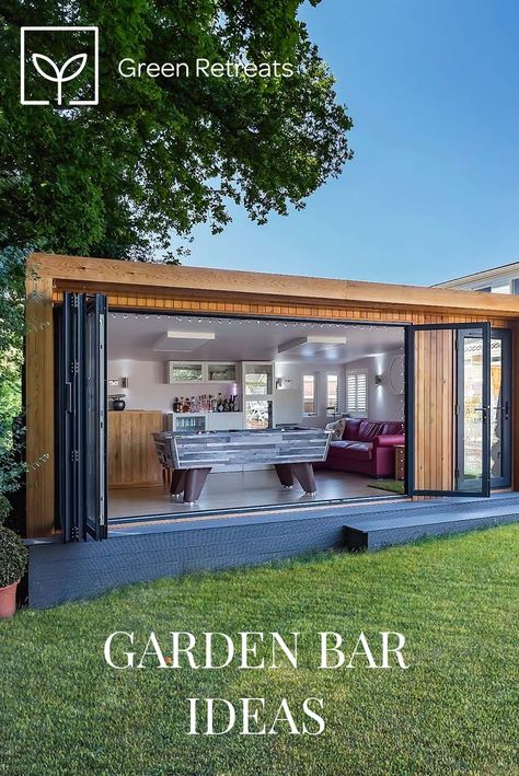 Outdoor Games Room And Bar, Summer House Ideas Garden, Garden Room Decor Ideas, Garden Room Bar Ideas, Small Outdoor Bar Ideas Backyards, Small Garden Bar Ideas, Summerhouse Bar Ideas, Minibar Ideas, Outdoor Bar Ideas Backyards