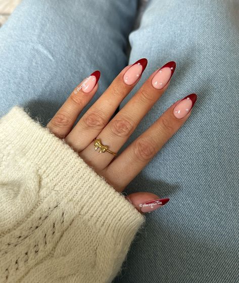 Cherry French and pearls ready for Christmas season ❤️ Cherry Nails Christmas, Red French Tip With Pearls, Christmas French Nail Designs, Pearl Red Nails, Cherry Red French Nails, Cherry Red Christmas Nails, Pearl Christmas Nails, Christmas French Nails Design, Christmas Nail Inspo Red