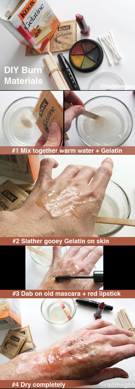 Using the gelatin for more than fake blood... hmmm... bet it would be easier on the kids than the latex. Halloweenský Makeup, Easy Home Recipes, Party Make-up, Horror Make-up, Zombie Walk, Special Fx Makeup, Mask Costume, Horror Makeup, Theatrical Makeup