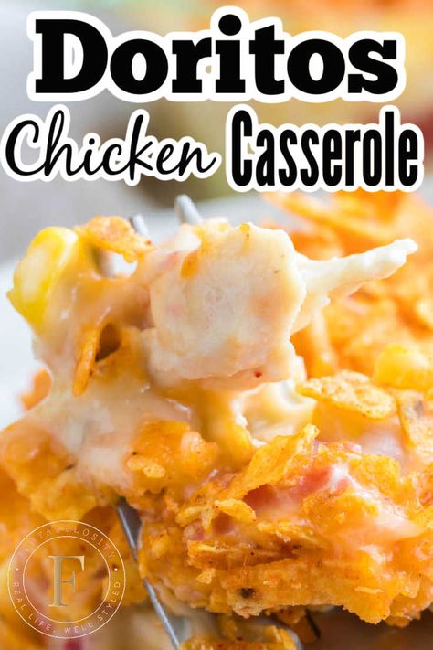 Chicken Dorito Casserole Recipe, Sour Cream Corn, Dorito Chicken Casserole, Chicken Dorito, Doritos Chicken Casserole, Rotel Cheese, Doritos Recipes, Doritos Casserole, Chicken Sour Cream