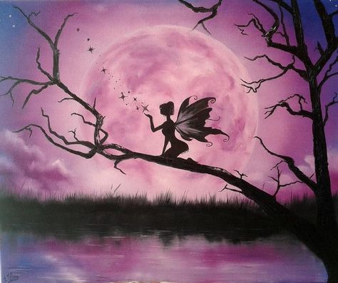 Moonlight Fairy Painting by Ira Florou Moonlight Fairy, Fairy Painting, Painting Ideas Easy, Fairy Paintings, Simple Acrylic Paintings, Xmas Decor, Beginner Painting, Silhouette Art, Fairy Art