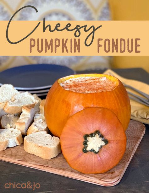 Cheese Fondue In Pumpkin, Baked Pumpkin Cheese Dip, Pumpkin Fondue Cheese, Halloween Fondue Ideas, Thanksgiving Fondue, Halloween Fondue, Parmesan Fondue, Pumpkin Fondue, Witch Recipes