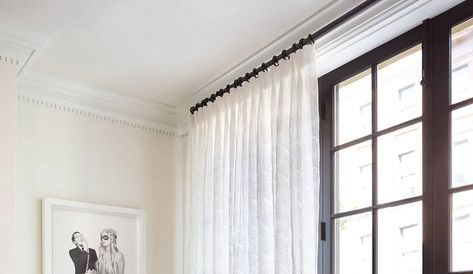 Crown Molding Window Trim With Curtains, Curtains Crown Molding, Curtains And Crown Molding, Drapes With Crown Molding, Window Treatments For Windows With Crown Molding, Crown Molding Curtains, Floor To Ceiling Curtains With Crown Molding, How High To Hang Curtains With Crown Molding, Curtains With Window Molding