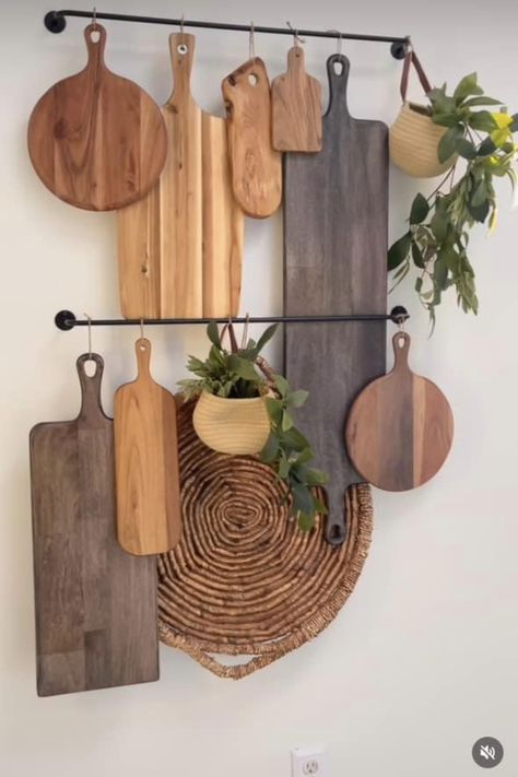 Kit Hen Wall Decor, Charcuterie Board Wall Decor, Kitchen Wall Functional Decor, Organic Modern Kitchen Wall Decor, Charcuterie Board Hanging On Wall, Wooden Chopping Boards Display, Black And Tan Kitchen Decor, Hanging Charcuterie Board Display, Charcuterie Board Wall Display