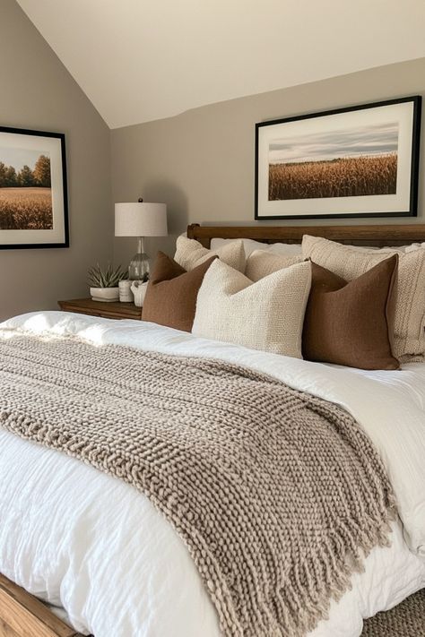 Farmhouse Guest Bedroom Bedding, Modern Farmhouse Bedroom Wooden Bed, Master Room Decor Ideas Wood Bed, Magnolia Homes Bedroom Master Suite, Layered Bedding Ideas Farmhouse, Simple Modern Bedroom Ideas For Couples, Small Woods Pictures Bedroom, Bedroom Ideas Master Color Schemes With Brown Furniture, White And Brown Bedding Aesthetic