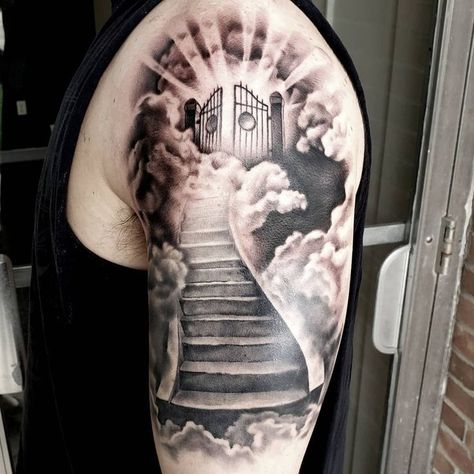 Chris Brown Neck Tattoo, Chest Tattoo Birds, Stairs To Heaven Tattoo, Gates Of Heaven Tattoo, Stairway To Heaven Tattoo, Heaven Tattoo, Jesus Tattoo Design, Warrior Tattoo Sleeve, Praying Hands Tattoo