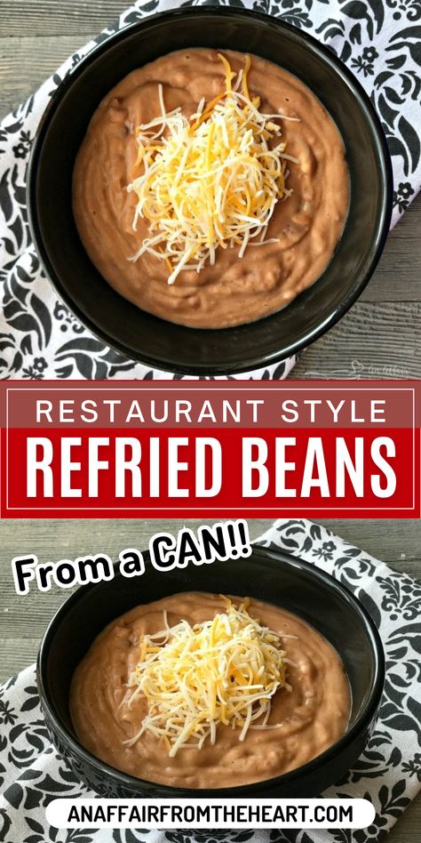 Restaurant style refried beans topped with shredded cheese in a black bowl. Can Refried Beans Recipe, Best Refried Beans Recipe, Refried Beans Recipe Easy, Canned Refried Beans, Mexican Beans Recipe, Mexican Refried Beans, Make Refried Beans, Canning Refried Beans, Homemade Refried Beans