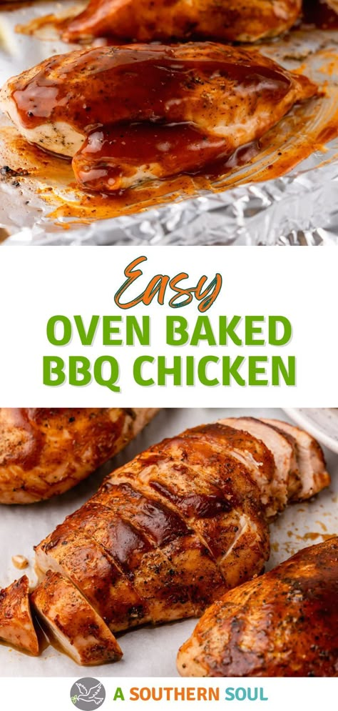 Make the best Oven Baked BBQ Chicken with this easy 4-ingredient recipe! Made with a sweet, savory BBQ sauce, this chicken is moist, juicy, and so good that you won’t believe it was made in the oven. Bbq Baked Chicken Breast, Oven Barbecue Chicken, Baked Bbq Chicken Thighs, Baked Bbq Chicken Recipes, Bbq Chicken Breast Recipe, Oven Bbq Chicken, Chicken Breast Oven Recipes, Oven Baked Bbq Chicken, Baked Chicken Recipes Oven