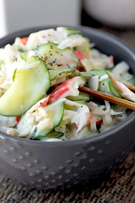 Kani Salad - Japanese Imitation Crab Salad | Pickled Plum Cucumber Crab Salad Sushi, Crab Salad Recipe Easy Healthy, Imitatation Crab Salad Recipe, Kani Salad Recipe, Salad Japanese, Crab Meat Salad, Kani Salad, Crab Sushi, Sushi Salad