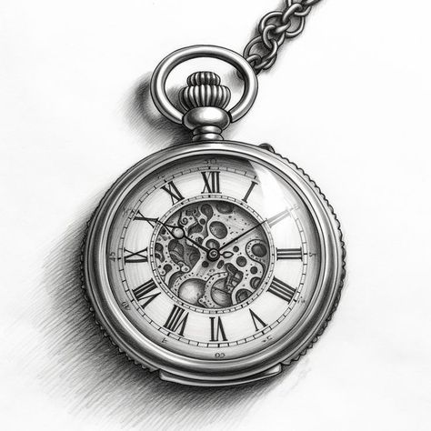 Pocket Clock Tattoo Design, Tattoo Clock Design, Old Clock Tattoo, Clock Tattoo Designs, Pocket Watch Drawing, Luis Tattoo, Pocket Watch Tattoo Design, Watch Tattoo Design, Gear Tattoo