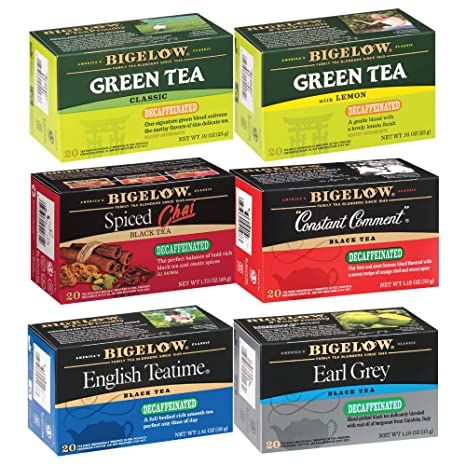 Bigelow Decaffeinated 6 Flavor Variety Pack Tea Bags, 20 Count Box (Pack of 6), Decaf Black Tea, 120 Tea Bags Total Green Tea With Lemon, Decaf Green Tea, Tea With Lemon, Decaf Tea, Bigelow Tea, Decaffeinated Tea, Spiced Chai, Tea Varieties, Organic Herbal Tea