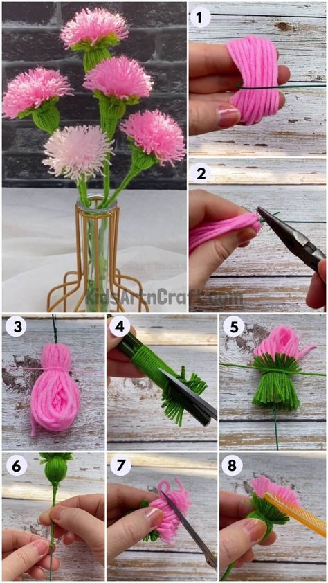 Beautiful Wool Flowers Step-by-step Tutorial For Kids - Kids Art & Craft Flower Yarn Craft, Wool Pom Poms, Yarn Flowers Diy Simple, Flower Pom Poms Diy, Easy Yarn Flowers, Easy Wool Crafts, Wool Flowers Diy, Wool Crafts Diy Decoration, Wool Flowers How To Make