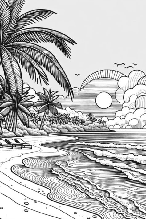 Unleash your creativity with this Tropical Beach Paradise coloring page! Picture yourself surrounded by towering palm trees and the soothing sound of waves as you add vibrant colors to your own beach scene. This relaxing and enjoyable activity is perfect for anyone looking to add a splash of joy to their day. Whether you are a seasoned artist or just looking to unwind, let this detailed coloring page inspire bright visions of sunsets, soft clouds, and sandy shores Tropical Coloring Pages, Sunset Coloring Pages, Paradise Drawing, Big Clouds, Beach Coloring Pages, Easy Landscape, Soft Clouds, Garden Coloring Pages, Sound Of Waves