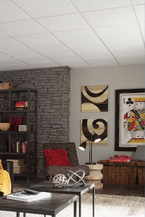 Transform your old basement into the ultimate hangout with a new ceiling design. Our Classic Fine Textured panels are the perfect functional and affordable finishing touch to your ceiling and home. Storage Basement, Drop Ceiling Panels, Cheap Remodel, Home Theater Lighting, Hangout Space, Ceiling Remodel, Ceiling Classic, Old Basement, Ceiling Design Ideas