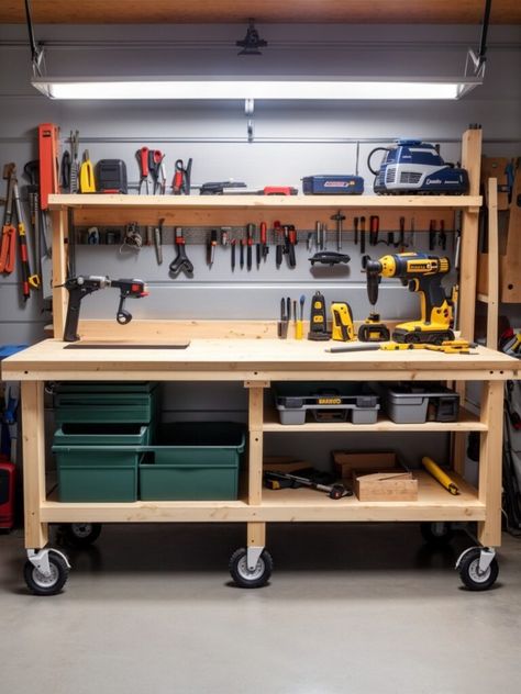 Garage Workbench Ideas - Workbench With Pegboard, Garage Workbench Ideas, Small Workbench, Workbench Ideas, Garage Workbench Plans, Diy House Furniture, Garage Storage Inspiration, Garage Workbench, Workbench Designs