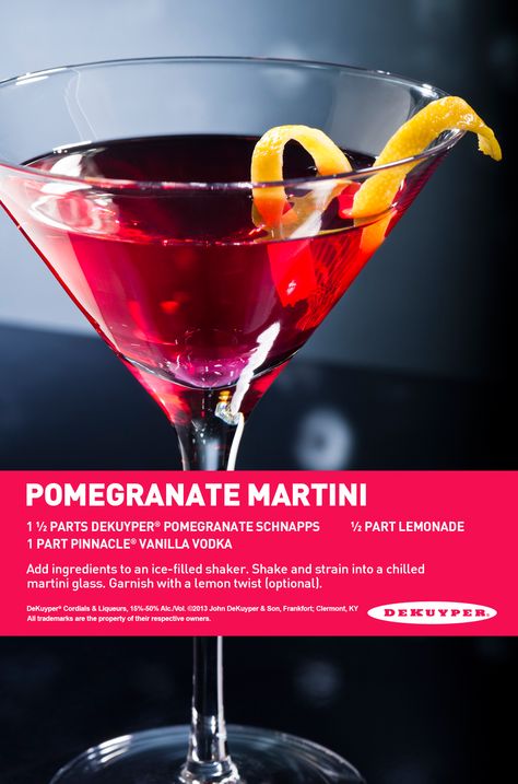 Vodka Martini Recipe, Sunset Cocktail Recipe, Pomegranate Cocktail Recipes, Pomegranate Vodka, Martini Recipes Vodka, Coconut Vodka, Thanksgiving Cocktail Recipes, Pomegranate Martini, Peach Vodka