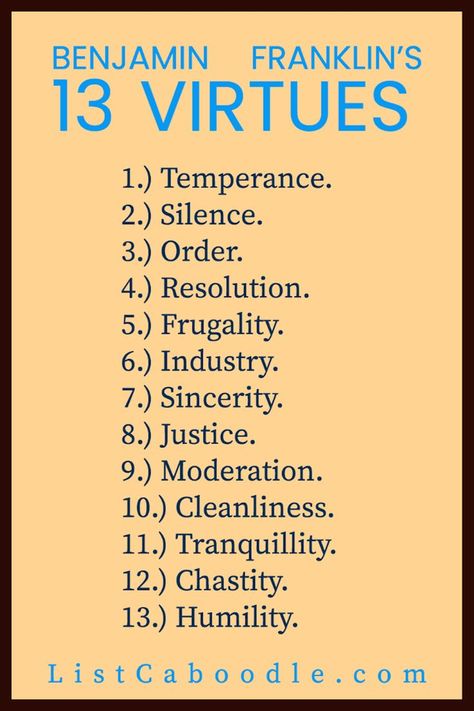 Benjamin Franklin's list of 13 virtues. Virtue Quotes, Online School Organization, Benjamin Franklin Quotes, Quotes Goals, Wise People, Inspirational Quotes God, American Literature, Teaching Methods, Philosophy Quotes