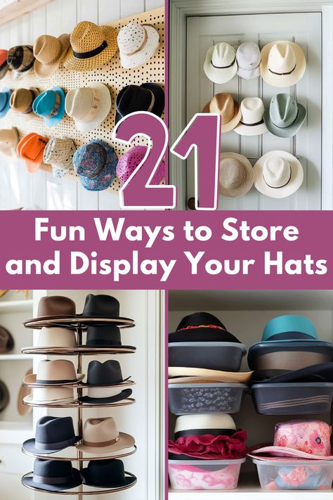 Turn your hat collection into decor with these creative hat storage ideas! From hooks to shelves, learn how to store and showcase your hats in style. #HatStorageIdeas #OrganizeHats #HatOrganization #SmallSpaceStorage #HomeOrganizationTips #HatStorage Cute Ways To Store Baseball Hats, Baseball Cap Collection Display, How To Organize Beanies, Bucket Hat Storage Ideas, How To Store Cowboy Hats, Hanging Hats Ideas, Mudroom Hat Storage, Sun Hat Storage Ideas, Bucket Hat Storage