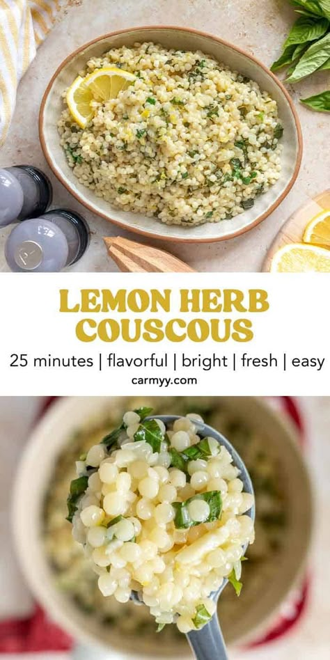 If you need a simple side dish for dinner tonight, make this lemon herb couscous recipe! Pearl couscous cooked in broth and then tossed with lemon and fresh herbs, this couscous recipe is bright, flavorful, and ready in less than 30 minutes. Green Bean Couscous, Spicy Pearl Couscous Recipes, Lemon Herb Couscous Salad, Flavorful Couscous Recipes, Steak And Couscous Recipes, Herb Couscous Recipes, Zucchini And Couscous Recipes, Mac And Cheese Couscous, Meal Prep With Couscous