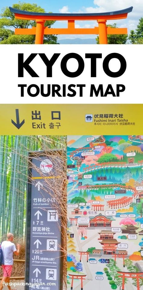 Travel Japan. Kyoto tourist map for Japan travel planning for Kyoto itinerary. Tips for getting around Kyoto by bus and train. Best things to do in Japan. Best places to visit in Japan. Outdoor travel destinations, backpacking Japan itinerary travel tips on a budget, trip planning, where to go on vacation, holiday. Culture travel, beautiful places, asia, for world bucket list, wanderlust inspiration, adventure. #flashpackingjapan Japan Tourist Map, Map Of Kyoto, Kyoto Tourist Map, Japan Tourist Attractions, Kyoto Map, Backpacking Japan, Map Of Japan, Kyoto Itinerary, Japan Tourist