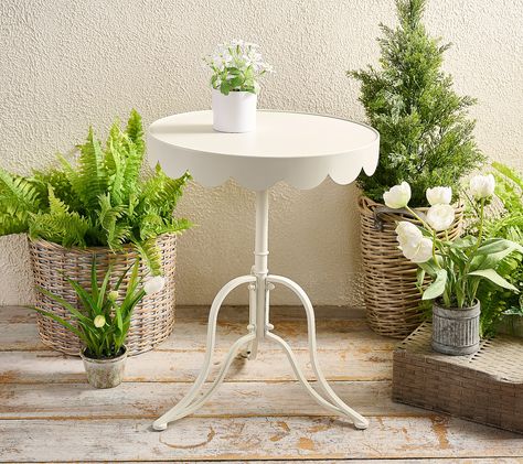 This functional side table is a beautiful accent piece for your living space. Scalloped edges and a pretty pedestal base are reminiscent of al fresco dining at a Parisian bistro. From the Valerie Parr Hill Collection. Bistro Table Bedroom, White Bistro Table, Indoor Bistro Table, French Bistro Table, Parisian Bistro, Valerie Parr Hill, Bistro Table Outdoor, Floor Bedroom, Planter Table