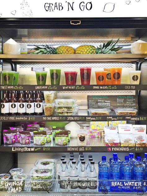 The grab 'n go cooler at Juice Bar offers a colorful array of healthy snacks and libations. Gym Juice Bar Design, Grab And Go Fridge Display, Gym Snack Bar Design, Grab N Go Cafe, Gym Snack Bar, Juice Bar Design Interiors, Small Juice Bar Design, Juice Bar Ideas, Snack Bar Design