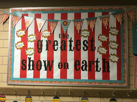 Circus Theme Bulletin Boards Preschool, Circus Theme Classroom Bulletin Boards, Greatest Showman Bulletin Board, Circus Theme Bulletin Board Ideas, Carnival Theme Bulletin Board Ideas, Circus Theme Bulletin Boards, Circus School Theme, Circus Bulletin Board Ideas Preschool, Carnival Bulletin Board Ideas