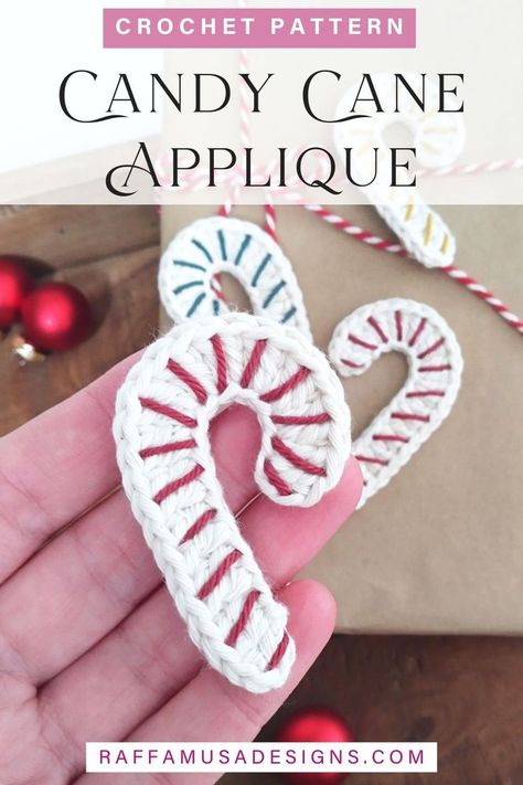 a crocheted Christmas candy cane ornament applique Crochet Candy Cane, Crochet Ornaments Free Pattern, Christmas Applique Patterns, Candy Cane Tree, Crochet Candy, Crochet Christmas Ornaments Free, Crochet Applique Patterns Free, Crochet Ornament Patterns, Christmas Crochet Patterns Free