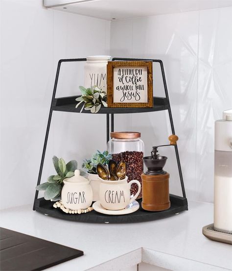 Bathroom Counter Corner Shelf, Countertop Corner Decor, Corner Coffee Bar Ideas Station, Corner Sink Kitchen Decor, Kitchen Coffee Station Counter Space, Corner Countertop Storage, Corner Kitchen Counter Decor, Bathroom Counter Storage Ideas, Corner Countertop Decor