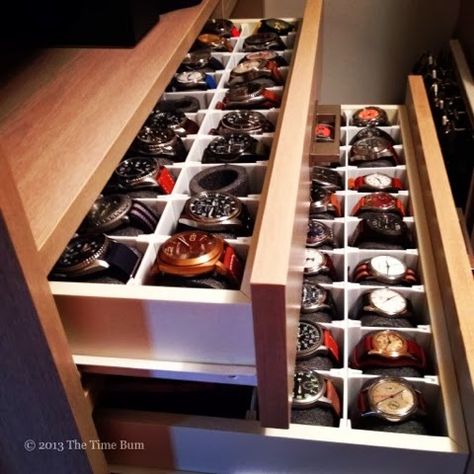 The Time Bum: How To Make a Watch Drawer  I can only imagine having a big collection like this.. Watch Organizer, Men Closet, Watch Storage, Closet Designs, Closet Design, Walk In Closet, Closet Organization, Cool Watches, Luxury Watches